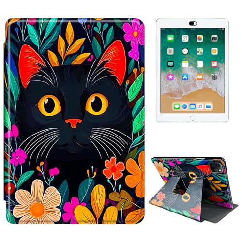 RWUTYTIUL Schutzhülle für iPad Pro 27,9 cm (11 Zoll) 2024 (M4, 5. Generation) Tablet-Hülle, 360 Grad drehbar, stoßfest, Schutzhülle mit Ständer, für Damen und Herren, Wildblume, schwarze Katze von RWUTYTIUL