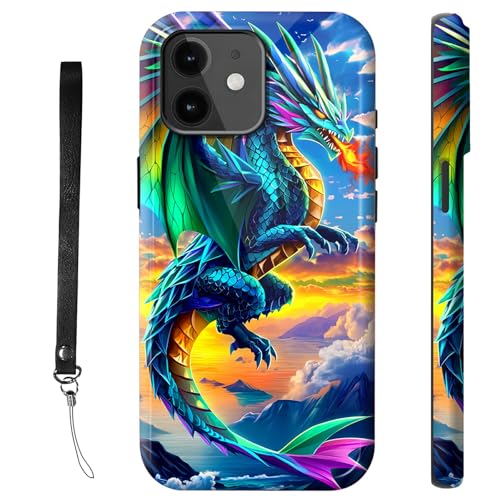 RWUTYTIUL Schutzhülle für iPhone 12, 15,5 cm (6,1 Zoll), mit Armbandseil, stoßfest, zweilagig, robust, rutschfestes Silikon und hartes Polycarbonat, glänzend, grüner Drache von RWUTYTIUL