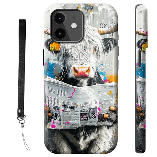 RWUTYTIUL Schutzhülle für iPhone 12, 15,5 cm (6,1 Zoll), mit Armbandseil, stoßfest, zweilagig, robust, rutschfestes Silikon und hartes Polycarbonat, glänzende Schale, Zeitungskuh von RWUTYTIUL