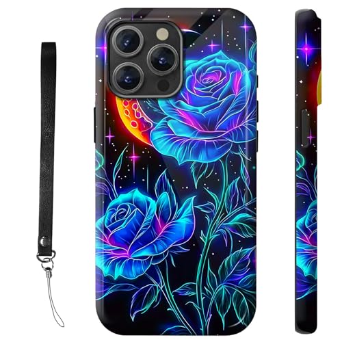 RWUTYTIUL Schutzhülle für iPhone 12 Pro 15,5 cm (6,1 Zoll), mit Armbandseil, stoßfest, doppellagig, robust, rutschfestes Silikon und hartes Polycarbonat, glänzende Schale, blaue Rose und Mond von RWUTYTIUL