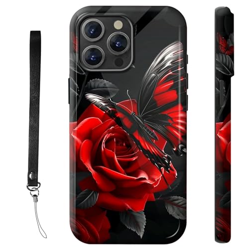RWUTYTIUL Schutzhülle für iPhone 12 Pro 15,5 cm (6,1 Zoll), mit Armbandseil, stoßfest, doppellagig, robust, rutschfestes Silikon und hartes Polycarbonat, glänzende Schale, rote Rose von RWUTYTIUL