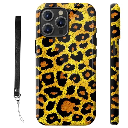 RWUTYTIUL Schutzhülle für iPhone 12 Pro Max 17 cm (6,7 Zoll), mit Armbandseil, stoßfest, zweilagig, strapazierfähig, rutschfestes Silikon und hartes Polycarbonat, glänzende Schale, gelber Leopard von RWUTYTIUL