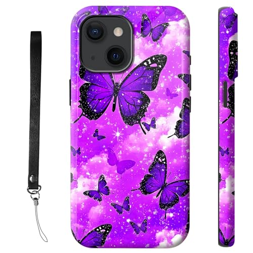 RWUTYTIUL Schutzhülle für iPhone 13, 15,5 cm (6,1 Zoll), mit Armbandseil, stoßfest, zweilagig, robust, rutschfestes Silikon und hartes Polycarbonat, glänzende Schale, violetter Schmetterling von RWUTYTIUL