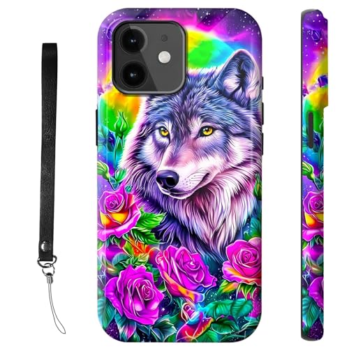RWUTYTIUL Schutzhülle für iPhone 13 Mini, 13,7 cm (5,4 Zoll), mit Armbandseil, stoßfest, zweilagig, robust, rutschfestes Silikon und hartes Polycarbonat, glänzende Schale, lila Blume, Wolf von RWUTYTIUL