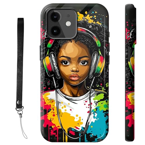 RWUTYTIUL Schutzhülle für iPhone 13 Mini, 13,7 cm (5,4 Zoll), mit Armbandseil, stoßfest, zweilagig, strapazierfähig, rutschfestes Silikon und hartes Polycarbonat, glänzende Schale, Kopfhörer Mädchen von RWUTYTIUL