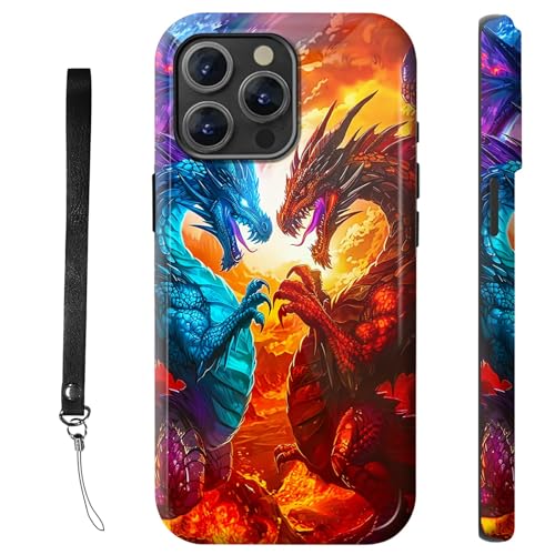 RWUTYTIUL Schutzhülle für iPhone 13 Pro 15,5 cm (6,1 Zoll), mit Armbandseil, stoßfest, doppellagig, robust, rutschfestes Silikon und hartes Polycarbonat, glänzende Schale, Blauer roter Drache von RWUTYTIUL