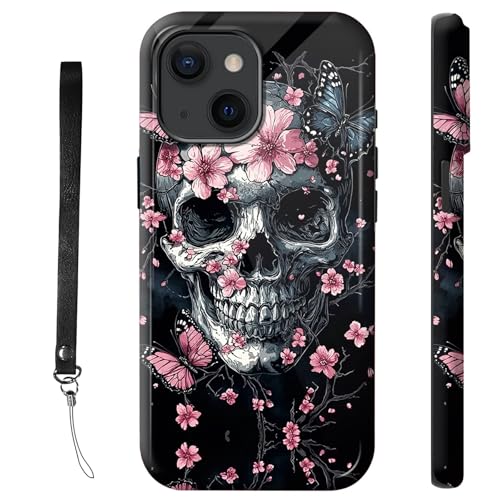 RWUTYTIUL Schutzhülle für iPhone 14, 15,5 cm (6,1 Zoll), mit Armbandseil, stoßfest, zweilagig, robust, rutschfestes Silikon und hartes Polycarbonat, glänzende Schale, rosa Schmetterlingsschädel von RWUTYTIUL