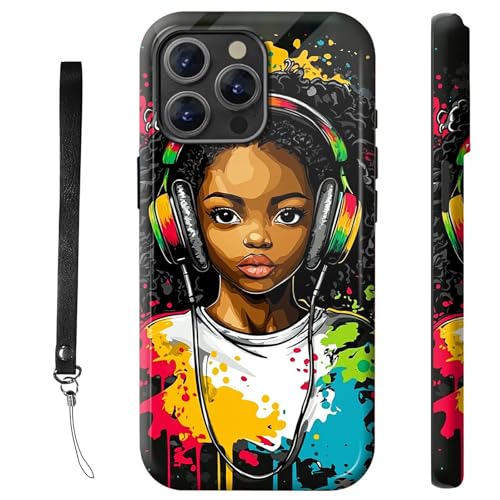 RWUTYTIUL Schutzhülle für iPhone 14 Pro Max 17 cm (6,7 Zoll), mit Armbandseil, stoßfest, zweilagig, strapazierfähig, rutschfestes Silikon und hartes Polycarbonat, glänzende Schale, Kopfhörer Mädchen von RWUTYTIUL