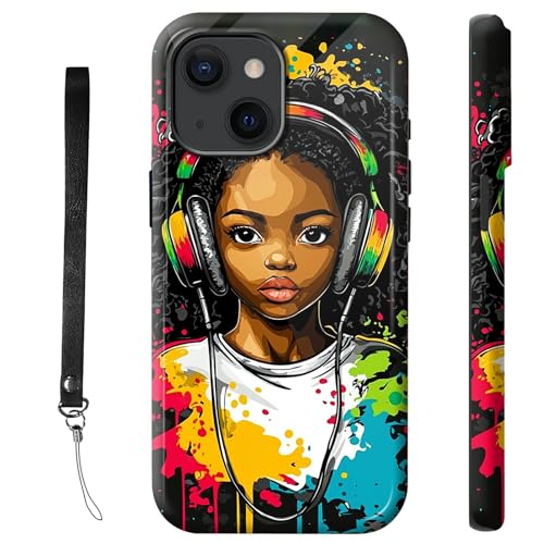 RWUTYTIUL Schutzhülle für iPhone 15, 15,5 cm (6,1 Zoll), mit Armbandseil, stoßfest, zweilagig, robust, rutschfestes Silikon und hartes Polycarbonat, glänzende Schale, Kopfhörer Mädchen von RWUTYTIUL