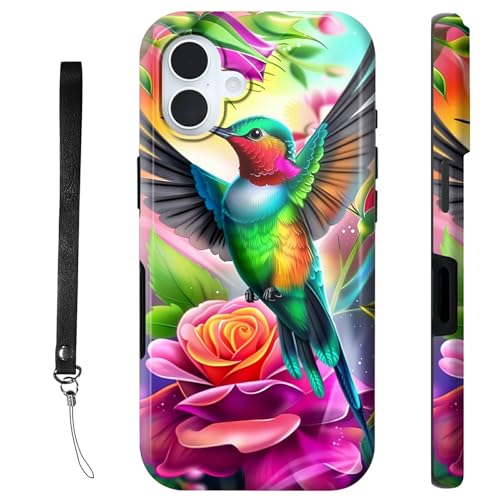 RWUTYTIUL Schutzhülle für iPhone 16 Plus, 17 cm (6,7 Zoll), mit Armbandseil, stoßfest, zweilagig, robust, rutschfestes Silikon und hartes Polycarbonat, glänzende Schale, Kolibri-Pfingstrose von RWUTYTIUL