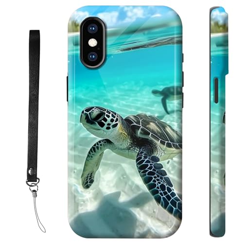 RWUTYTIUL Schutzhülle für iPhone X/XS 14,7 cm (5,8 Zoll), mit Armbandseil, stoßfest, doppellagig, schützend, robustes Silikon, glänzende Hartschale aus Polycarbonat, Meeresschildkröte von RWUTYTIUL