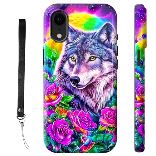 RWUTYTIUL Schutzhülle für iPhone XR, 15,5 cm (6,1 Zoll), mit Armbandseil, stoßfest, doppellagig, robust, rutschfestes Silikon und hartes Polycarbonat, glänzende Schale, lila Blume, Wolf von RWUTYTIUL
