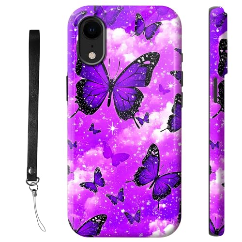 RWUTYTIUL Schutzhülle für iPhone XR, 15,5 cm (6,1 Zoll), mit Armbandseil, stoßfest, doppellagig, robust, rutschfestes Silikon und hartes Polycarbonat, glänzende Schale, violetter Schmetterling von RWUTYTIUL
