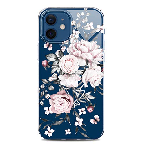 RXKEJI Transparente Schutzhülle, kompatibel mit iPhone 13, mit Blumen, für Mädchen und Frauen, stoßfest, glitzernd, florales Design, harte Rückseite, graues Blatt, rosa Rose von RXKEJI