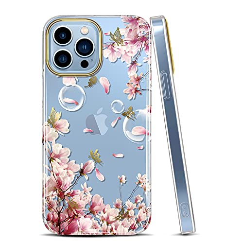 RXKEJI iPhone 13 Pro Hülle Handyhülle TPU Silikon Weiche Durchsichtig Klar Transparent Schutzhülle Handytasche Flexibel Handy Hülle für iPhone 13 Pro 2021 6.1" Gold Butterfly Flower Pink von RXKEJI