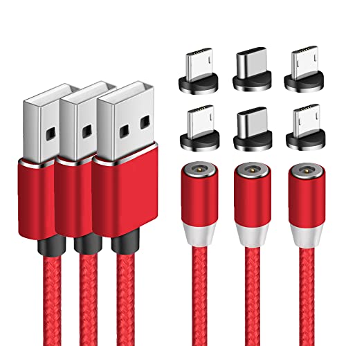 RYB Magnetisches Ladekabel (3 Stück, 1 m/1 m/2 m), 360 ° drehbar, magnetisches USB-Kabel, geflochtenes magnetisches Handy-Ladegerät, LED-Licht, Ladekabel für Typ C, Micro-USB (rot) von RYB