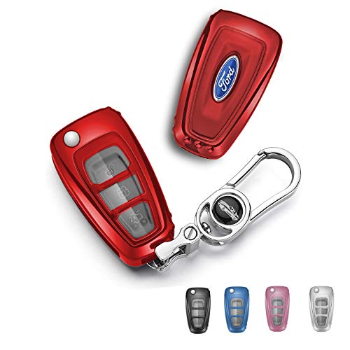 Autoschlüssel-Schutzhülle für Ford, TPU, mit Schlüsselanhänger, passend für Ford Fiesta/Focus/Kuga/Mondeo usw., Rot von RYE