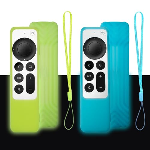 2 PCS Apple TV Fernbedienung Hülle, Silikon Stoßfest Seidig Weiche Ganzkörper-Schutzhülle, Kompatibel mit Apple TV 4K Siri Remote 3, 2 Generation 2022 2021 (Grün Leuchtend+Blau Leuchtend) von RYHX