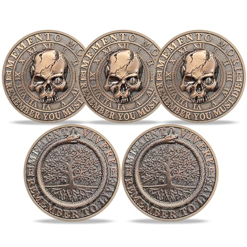 RYUKENLM 5 Stück Memento Mori Memento Vivere Münze 3D Totenkopf Herausforderung Münzen EDC Stoic Reminder Token Inspirierende Stoizismus Geschenke für die tägliche Praxis von RYUKENLM