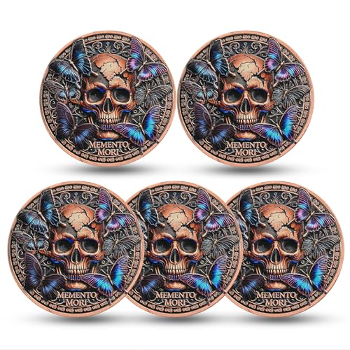 RYUKENLM 5 Stück Memento Mori Münze 3D Schädel Herausforderung Münzen EDC-Erinnerungs-Token Tempus Fugit inspirierende Stoizismus Geschenke für die tägliche Stoikübung von RYUKENLM
