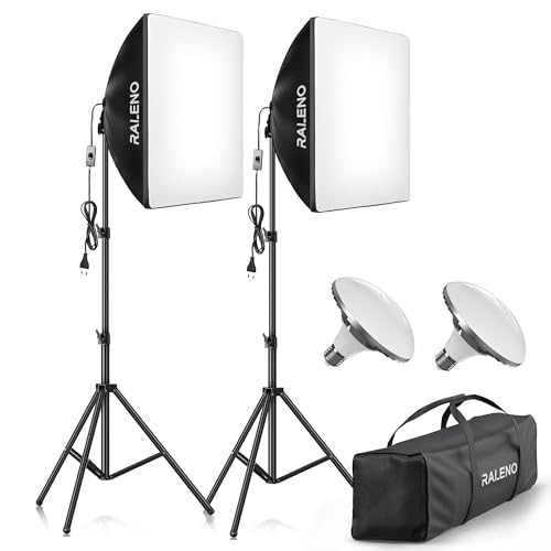 RALENO Softbox, 50 W LED Softbox Fotostudio Set, 50 x 50 cm Fotolicht mit 5500 K Glühbirne, Tragetasche und Stativ, Fotolampe für Porträtfotografie, Game-Streaming, YouTube-Videofotografie von RaLeno