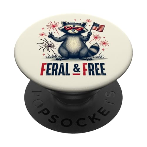 Lustiger Waschbär Feral and Free 4. Juli Patriotische USA-Flagge PopSockets Klebender PopGrip von Raccoon Feral & Free Independence Day 4th of july