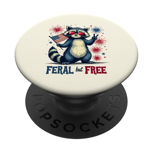 Lustiger Waschbär Feral but Free 4. Juli Patriotische USA-Flagge PopSockets Klebender PopGrip von Raccoon Feral & Free Independence Day 4th of july