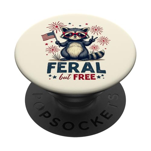Süße Waschbär Feral but Free 4. Juli Patriotische USA-Flagge PopSockets Klebender PopGrip von Raccoon Feral & Free Independence Day 4th of july
