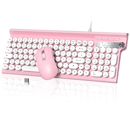 Tastatur Maus Set,RaceGT Tastatur Rosa Retro Schreibmaschine Tastatur Bunt Maus und Tastatur mit Handyhalterung Tastaturen Tastatur Kabel Keyboard für PC Mac Computer Laptop QWERTZ Deutsch von RaceGT