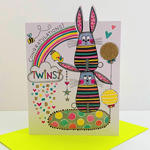 Rachel Ellen Glückwunschkarte für Zwillinge – Kaninchen in Regenbogenfarben von Rachel Ellen