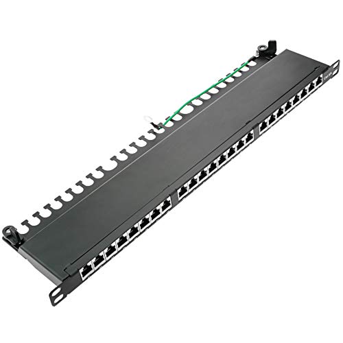 RackMatic Patch Panel 24 RJ45 Cat.6A FTP 0.5U schwarz mit Kabelführungskamm (RD047) von RackMatic.com