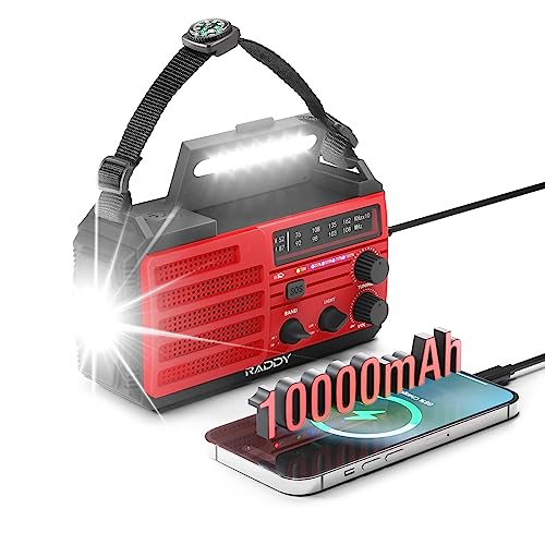 [10.000mAh] Raddy SW10 Kurbelradio Notfall, Tragbar Solar Radio mit AM/FM, Taschenlampe, Kompass, wiederaufladbarem Akku, SOS-Alarm für Stromausfall, Camping, Outdoor von Raddy