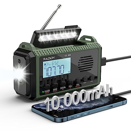 [10.000mAh Leistungskapazität] SW/AM/FM Kurbelradio Raddy SH-905, Solar Notfallradio, Tragbares Wiederaufladbarer Kurzwellenradio, Taschenlampe, Leselampe, SOS für Stromausfall, Survival und Camping von Raddy