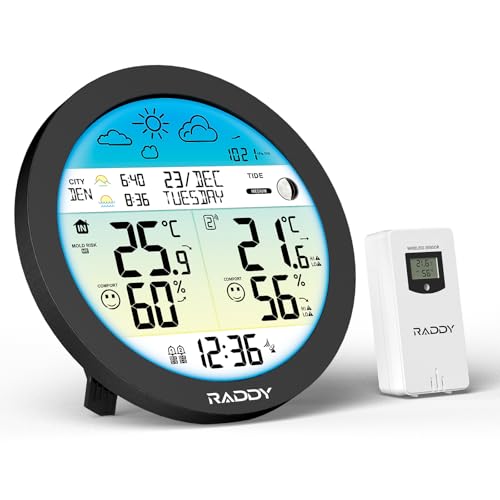 Raddy DT7 Wetterstation funk mit Außensensor, Innen-Außen-Thermometer-Hygrometer, Wetterstationen mit großem HTN-Farbdisplay, DCF Atomuhr, Duale Alarme, Wettervorhersage, Frostwarnung Raddy DT7 Wetterstation funk mit Außensensor, Innen-Außen-Thermometer-Hygrometer, Wetterstationen mit großem HTN-Farbdisplay, DCF Atomuhr, Duale Alarme, Wettervorhersage, Frostwarnung von Raddy