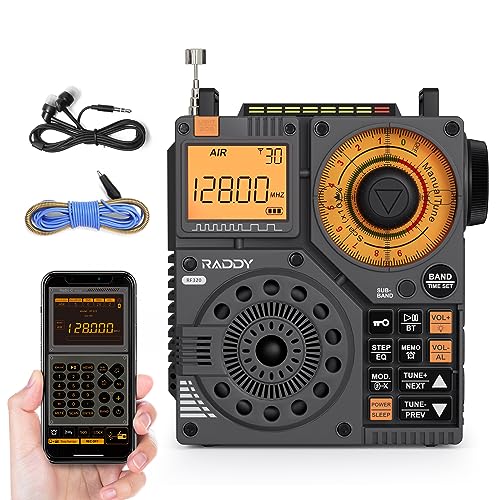 Raddy RF320 Kurzwellenradio mit App-Steuerung, FM/AM/VHF/SW/AIR-Empfänger unterstützt Bt/TF-Karte, wiederaufladbares tragbares Radio mit 3-Meter-Kabelantenne, Ohrhörer, Taschenlampe, SOS von Raddy