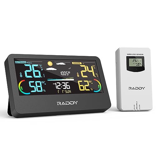 Raddy WF-55C PRO Wetterstation Funk mit Außensensor Farbdisplay für Innen und Außen Wettervorhersage mit Hygrometer Thermometer Wecker für Zuhause von Raddy