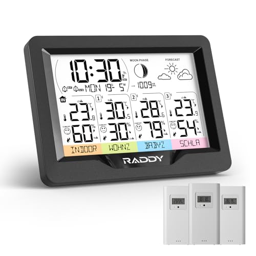 Raddy WF-60M Wetterstation Funk mit 3 Außensensoren, Thermometer für Innen- und Außenbereich mit Luftfeuchtigkeits- und Barometerüberwachung, DIY Sensornamen, Wettervorhersage, DCF-Atomuhr von Raddy