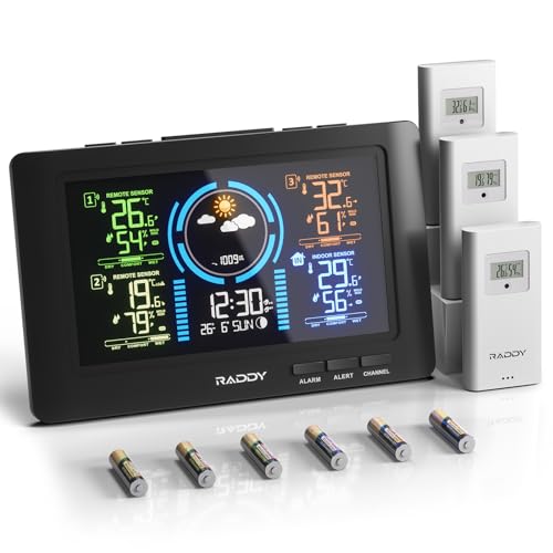 Raddy WF-80C Wetterstation Funk mit 3 Außensensoren 7,5'' Digitales Farbdisplay, Thermometer Hygrometer Barometer, mit DCF-Funkuhr, Wettervorhersage, einstellbare Hinterleuchtung von Raddy