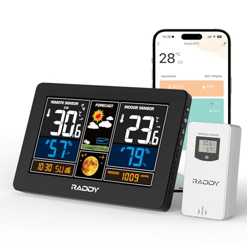 Raddy N75 Wi-Fi Wetterstation mit Außensensor, 7,5" Funk-Wetterstation, Innen und Außen Wettervorhersage mit APP-Steuerung, Netzwerkuhr, Wettervorhersage, Frostwarnung, und einstellbarer Helligkeit Raddy N75 Wi-Fi Wetterstation mit Außensensor, 7,5" Funk-Wetterstation, Innen und Außen Wettervorhersage mit APP-Steuerung, Netzwerkuhr, Wettervorhersage, Frostwarnung, und einstellbarer Helligkeit von Raddy