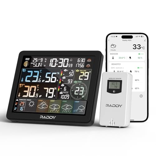 Raddy N80 Smart Wi-Fi Wetterstation mit APP-Steuerung, Wetterstation Funk mit Außensensor, 8'' großes Farbdisplay, Sonnenaufgangs-/Sonnenuntergangszeiten, PM2.5/AQI, UV-Index, 4 Wecker Raddy N80 Smart Wi-Fi Wetterstation mit APP-Steuerung, Wetterstation Funk mit Außensensor, 8'' großes Farbdisplay, Sonnenaufgangs-/Sonnenuntergangszeiten, PM2.5/AQI, UV-Index, 4 Wecker von Raddy