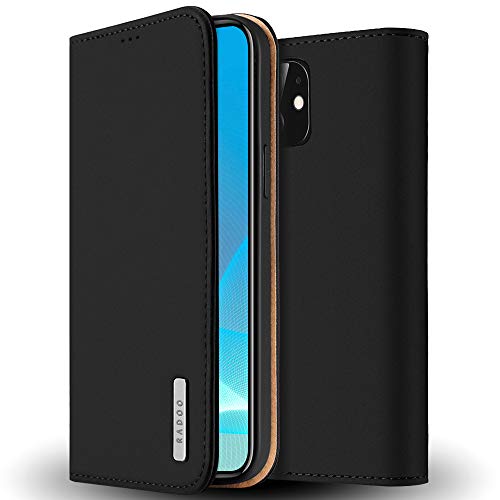 Radoo iPhone 12 / iPhone 12 Pro (6,1 Zoll) Hülle, Premium Echtes Leder Klapphülle Slim Lederhülle mit Standfunktion & Kartenfach TPU Innenraum Case Schlanke Ledertasche Handyhülle (Schwarz) von Radoo