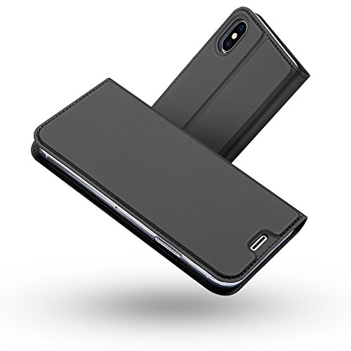 Radoo iPhone X Hülle, Premium PU Leder Handyhülle Brieftasche-Stil Magnetisch Folio Flip Klapphülle Etui Brieftasche Hülle Schutzhülle Tasche Case Cover für Apple iPhone X/XS (2017) (Schwarz grau) von Radoo