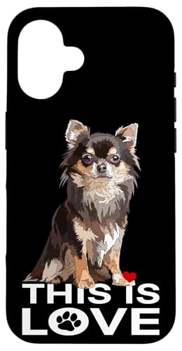 Chihuahua mit langen Haaren, Aufschrift "This Is Love", Braun Hülle für iPhone 16 Chihuahua mit langen Haaren, Aufschrift "This Is Love", Braun Hülle für iPhone 16 von Raf THE ARTIST Designs