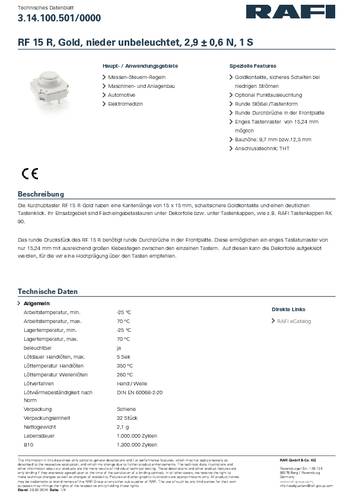 RAFI 3.14.100.501/0000 3.14.100.501/0000 Drucktaster 35V 0.1A tastend (L x B x H) 15 x 15 x 9.7mm von Rafi