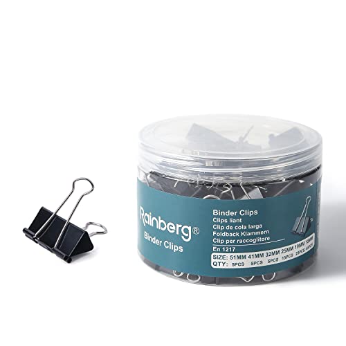 Rainberg Binder-Clips, 100 Stück, verschiedene Größen, Foldback-Papierklemmen aus Metall für Papiere, extra klein, mittel, groß, 6 Größen – 51 mm, 41 mm, 32 mm, 25 mm, 19 mm, 15 mm (schwarz) von Rainberg