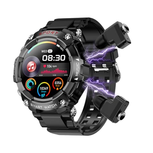 Rainbuvvy SmartWatch with Earbuds, 2 in 1, Large 1.54" AMOLED Screen, Health Monitor and Activity Tracker with Touch Earphones, 400mAh Battery, Bluetooth (Schwarz) von Rainbuvvy