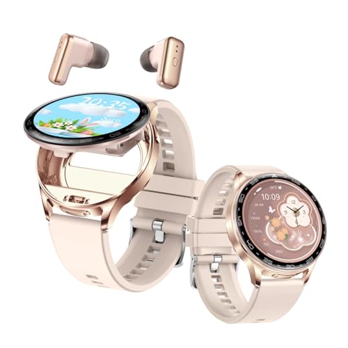 Rainbuvvy Watch Buds Smartwatch und Kopfhörer 2 in 1 Noise Cancelling 1.39 Zoll rundes Display Fitness Tracker mit Herzfrequenz Schlafmonitor für iOS Android Handy (Gold) von Rainbuvvy