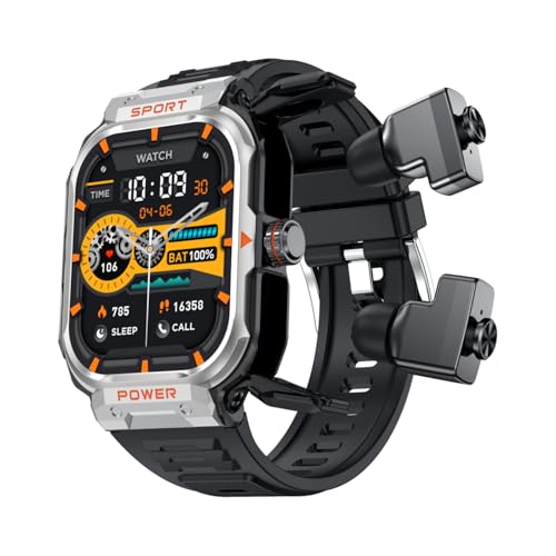 Smart Watch mit Bluetooth-Kopfhörern, 2 Zoll quadratischer Bildschirm, Übungs-Tracker mit Herzfrequenz, Blutdruck, Blutsauerstoff, Schlafüberwachung (Silber) von Rainbuvvy