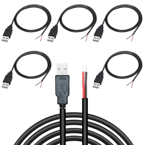 Rakiuty USB Pigtail 5 Stück,2 Adriges USB 2.0-Kabel,2-poliger Blanker Draht mit Offenem Ende,0,3 m Langes USB Steckerkabel,USB Stecker Stromkabel,Verlängerungskabel,USB Stromladekabel,USB Ersatzkabel von Rakiuty