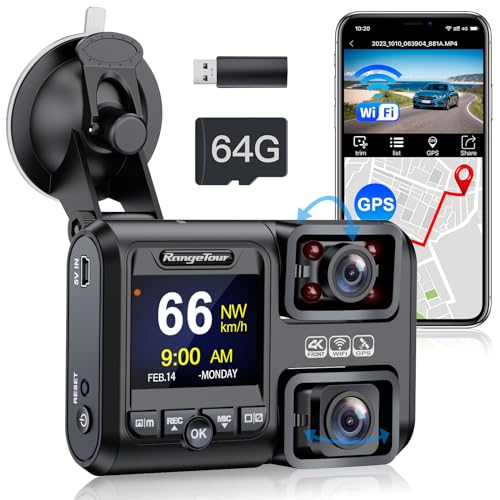 Range Tour Dashcam Auto mit 64GB SD-Karte, Dual Dash Kamera Vorne und Innen 4K 2160P Autokamera 2 Channel Recorder Dashboard Kamera mit 170° Weitwinkel GPS Loop-Aufnahm Parküberwachung von Range Tour